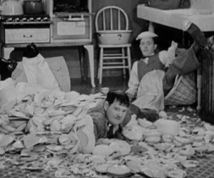 Laurel and Hardy completely destroy Hardy's apartment in Helpmates .