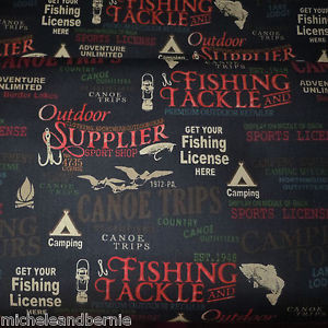 FISHING-CAMPING-WORDS-PHRASES-ON-BLACK-Cotton-Quilt-Fabric-1-2-yard ...