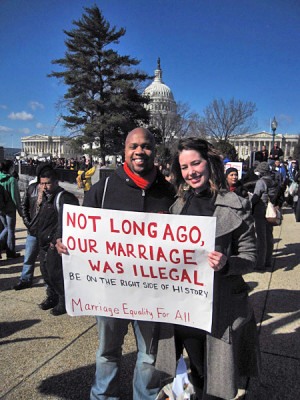 straight biracial couple protesting in favor of gay marriage across ...