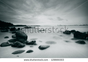 Long exposure landscape of rocks, sea, beach for inspirational quotes ...
