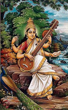 card with an image of Saraswati, the goddess of learning and knowledge ...