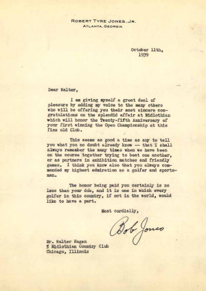 Image of a letter from Bobby Jones to Walter Hagen, dated October 11 ...