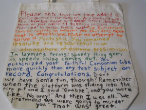 recently made this Portal-themed bag for my partner queenofmarigold ...