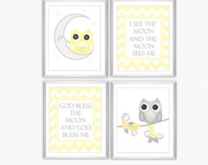 Baby Nursery Yellow Gray Chevron Owls God Bless The Moon Baby Quotes ...