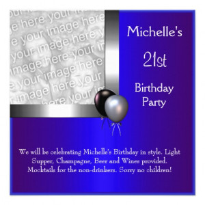 Elegant Photo Blue Silver Balloon 21st Birthday Custom Invitation