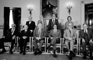 Reagan, center right, poses with the nine members of the Supreme Court