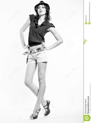 full length portrait of elegant fashion female model with long legs ...