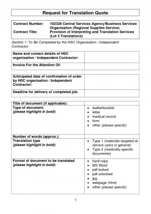 Request for Translation Quote Contract Number 102326 Central