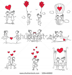 cartoon couple doodle with red heart shape - stock vector
