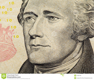 Alexander Hamilton on US ten dollars bank note close up