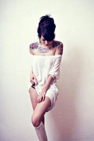 Cute Letters Tattoo on Sexy Girl Chest