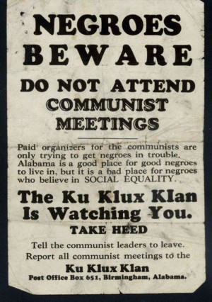 Photo) Ku Klux Klan poster from the 1930’s - “Negroes Beware ...