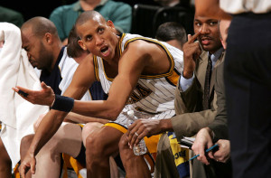 Reggie Miller, #31 of the Indiana Pacers, argues with a referee as he ...