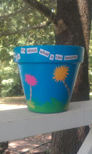Blue Flowerpot with Truffula Trees and Lorax Quote