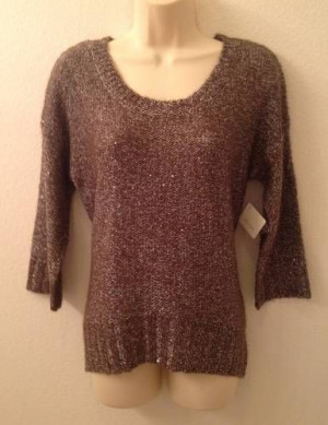NWT Willow Bay Brown silver Scoop Neck Glitter Knit Sweater 3/4 Sleeve ...