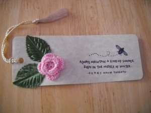 Paper Bookmark, Embellished: Handmade Crochet Rose, Thoreau Quote