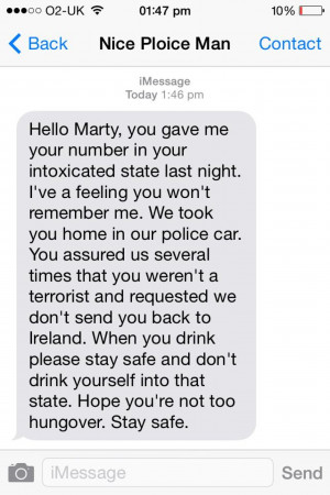 Cop Drives Drunk Man Home, Sends Him Funny Text The Next Day