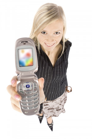 headshot of young blonde woman with moble phone (white background)