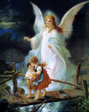 Guardian Angel And Children Crossing Bridge Painting
