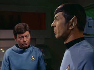 McCoy and Spock consider Capt. Kirk's response to the Vampire Cloud.