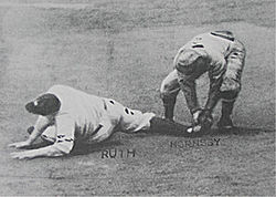 Babe Ruth registers the last out of the 1926 World Series at second ...