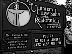 Poetry Is Not A Luxury' sign outside of UU church