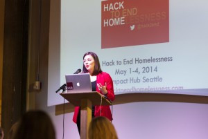 Hack to End Homelessness event organizer Candace Faber speaks at the ...