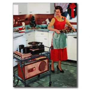 1950s retro vintage housewife in kitchen & turkey postcard