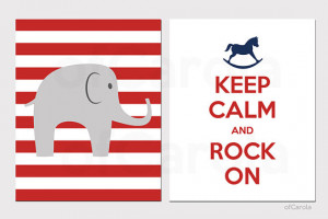 Keep Calm Rock On Quote Elephant Stripes Nursery Wall Art Print Set ...