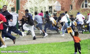 Church men running away form child with Dad card