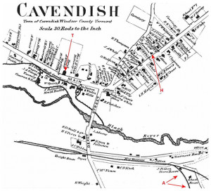 1869 map of Cavendish, Vermont. (A) indicates two possible accident ...