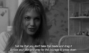 ... black and white, blade, cut, gif, quote, self-harm, words, press down