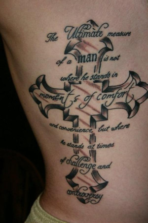 side cross tattoo with deep philosophical quote