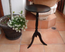 vintage,small,round,black laquer,wo oden pedestal plant stand or ...