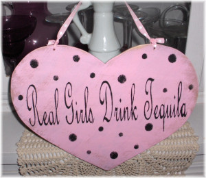 Heart Sign Real Girls Drink Beer Pink With Black Polka Dots Wood