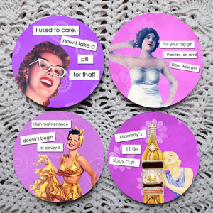 Sassy Ladies -- Funny Retro Images Pink Mousepad Coaster Set
