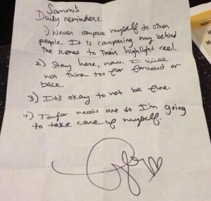 Taylor Swift's handwritten advice for a fan in Club Red.