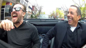 ... in the driver's seat ... Jerry Seinfeld, right, and Ricky Gervais