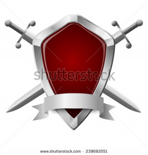 Two double-edged swords and a shield isolated on white. Raster version ...