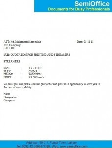 Sample Quotation Format in Ms Word for shop, business or company