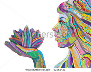 woman face with multicolored indian pattern holding lotus flower, side ...