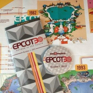 Epcot 30th Anniversary commemorative map and button.