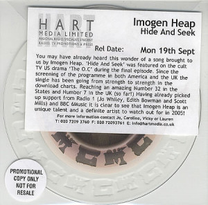 IMOGEN HEAP Hide And Seek (2005 UK 2-track promotional Minimax CD with ...