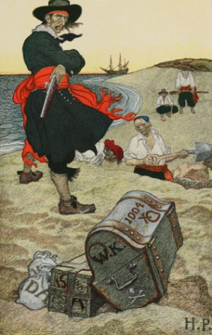 Treasure: illustration of William Captain Kidd overseeing a treasure ...