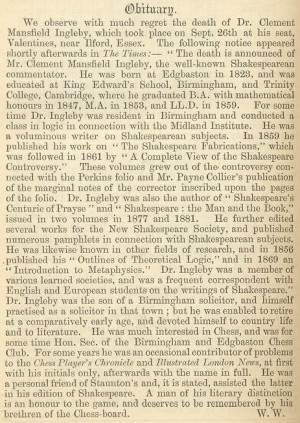 It was not Howard Staunton (1810-1874) but Clement Mansfield Ingleby ...