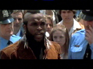 Mr. T as Clubber Lang in Rocky III, predicting pain at a presser)