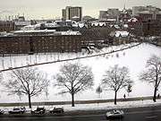 Color photo: aerial view of Hill Square in the snow
