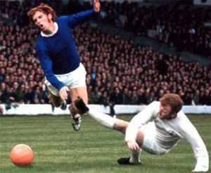 Typical Billy Bremner tackle, on Alan Ball of Everton.