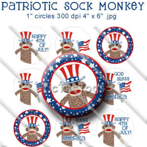 Patriotic Sock Monkey Sayings Bottle Cap Digital Collage 1 Inch Images