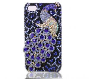 ... Rhinestone 3D Apple iPhone 5 / 4S / 4 Skin Case Cover - Peacock - Blue